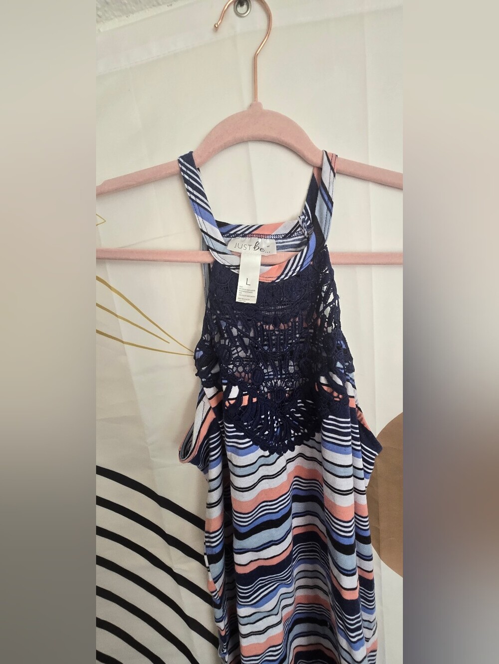 just be Navy, Pink and White Striped Crochet Halter Dress